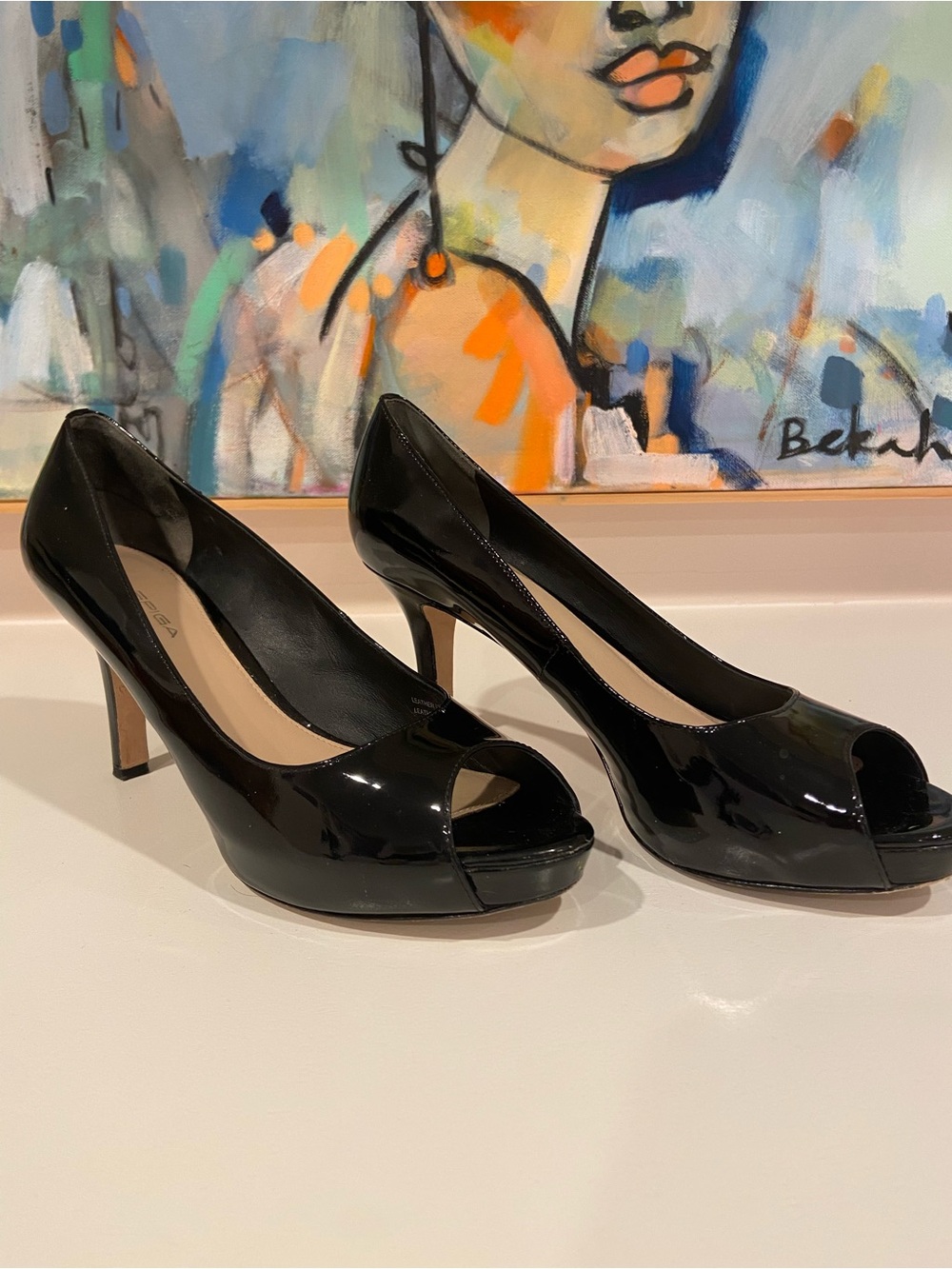 Via Spiga Black Patent Peep-Toe Pumps
